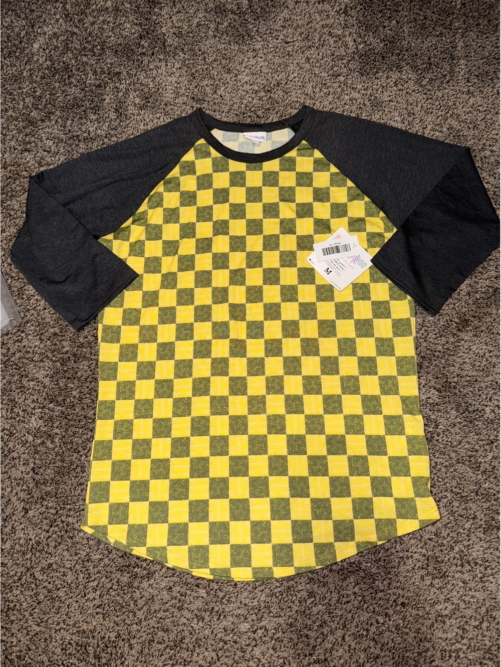 LuLaRoe Randy 3/4 Sleeve T-Shirt Size M Yellow and Gray Checkered 0012
